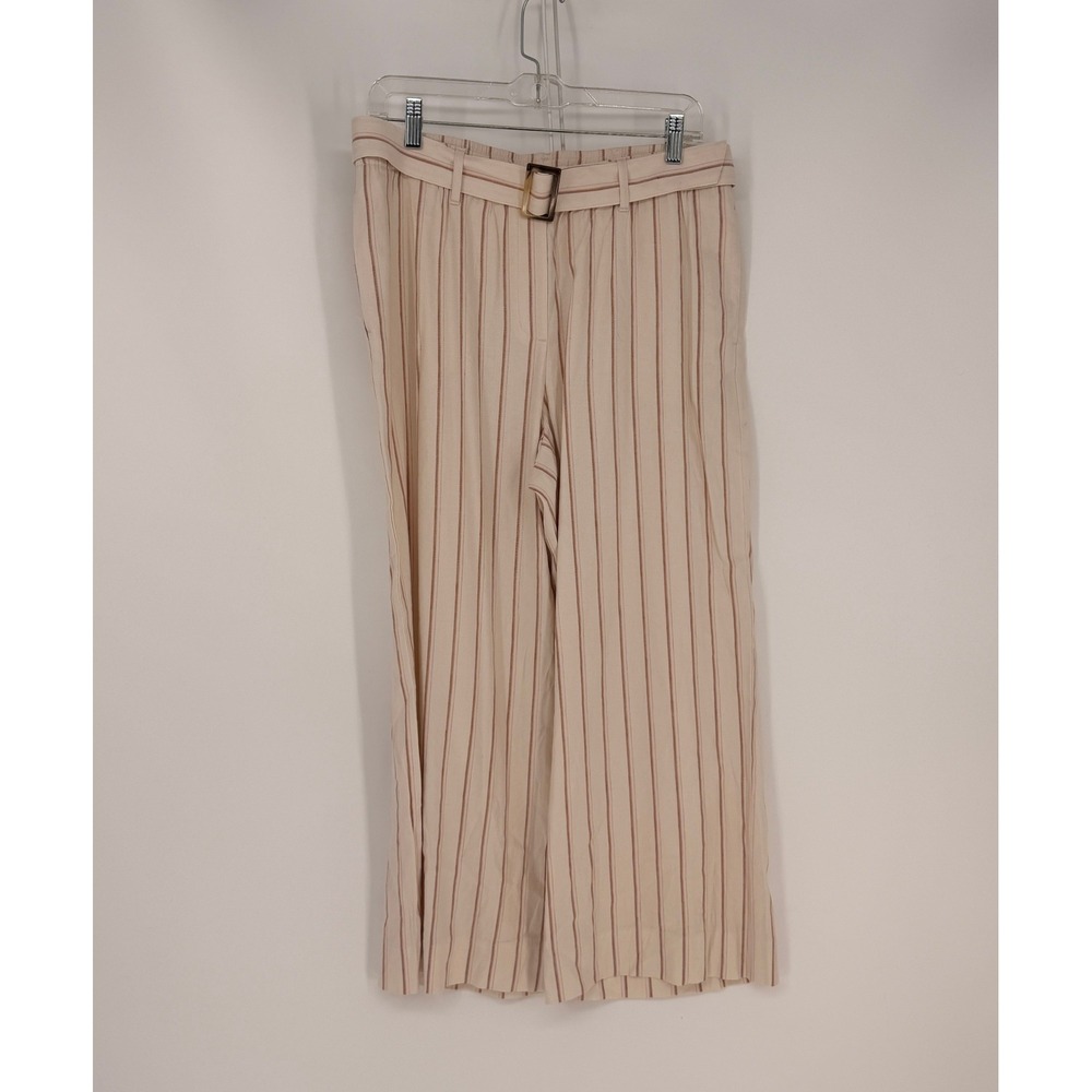 J. Jill Linen Stretch Pants Womens M Beige Striped Wide Leg Belted Coastal Beach